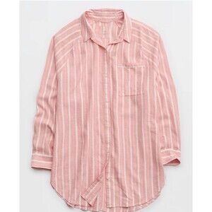 Aerie Linen Blend Coverup Shirt XS Oversized Pink White Striped Beach Coastal